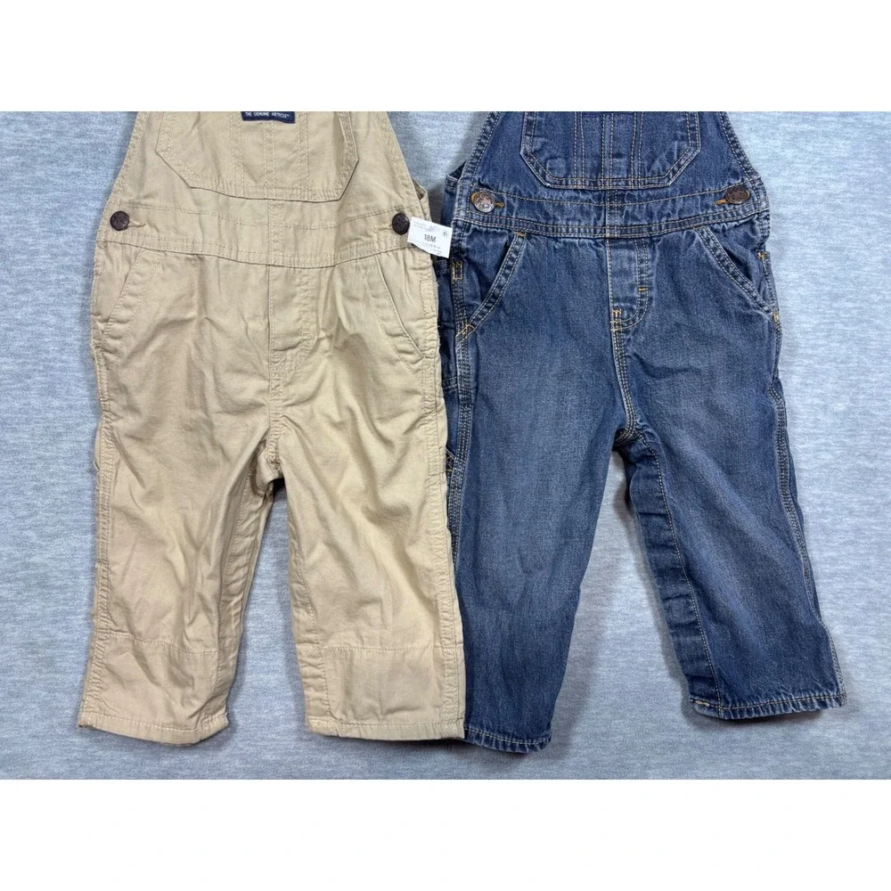 OshKosh Bgosh Toddler Boys Overalls Lot 2 18M Denim Flannel Lined Khaki Plaid